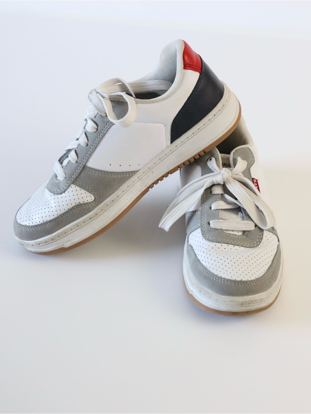 Kids White, Gray & Black Sneakers with Red Heel Accent